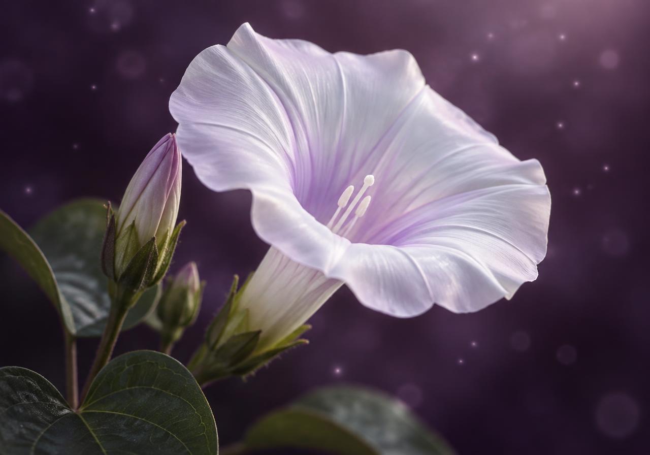 Flor de Merremia macrocalyx sobre fundo violeta com partículas de luz