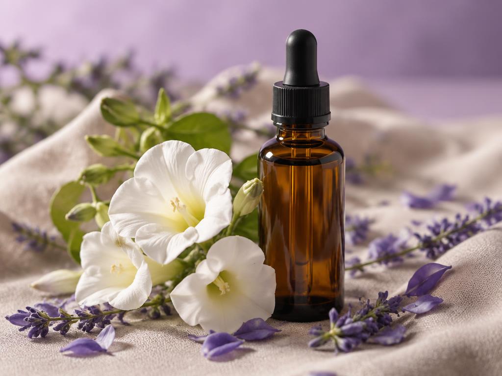 Frasco de essência floral com flores brancas e lavanda